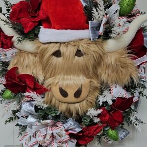 Festive Highland Cow Holiday Wreath with Red and Green Accents